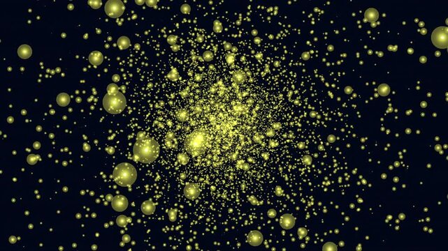 Abstract footage of shimmering golden bokeh particles and glowing spheres swirling and bursting from center on a dark background, festive sparkle backdrop for design