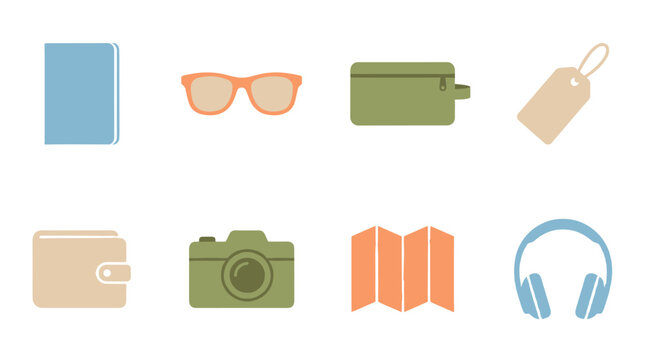 flat lay travel essentials with sunglasses wallet camera book and headphones