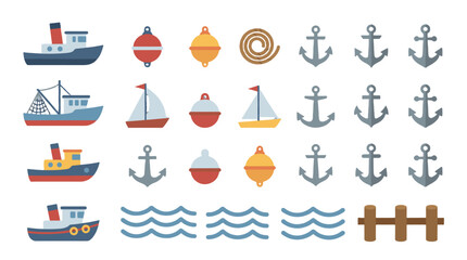 set of flat vector nautical icons and maritime transport symbols on white background © Andrei