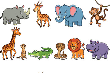 Obraz premium Safari Animal Set with Rhino, Giraffe, Elephant, Monkey, Lion, and More for Kids, Wildlife, and Nature Designs