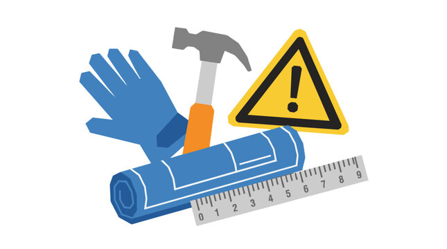 worker measuring pipe with hammer and warning sign for safety inspection