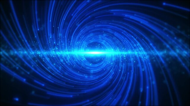 Blue spiral energy vortex background glows circular motion trails, bright flare, futuristic particle depth technology sci fi intros, data visuals, cyber themes, music screens, abstract transitions.