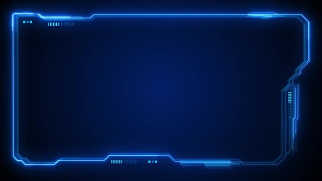 Blue futuristic HUD frame background offers clean copy space glowing interface borders, dark gradient center, digital panel tech videos, gaming screens, software demos, stream layouts, cyber templates