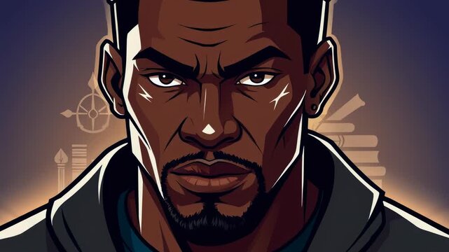 A determined man with a sharp fade haircut and intense gaze stares directly into the camera lens, showcasing a bold and stylized artistic portrait that radiates strength, confidence, and focus.