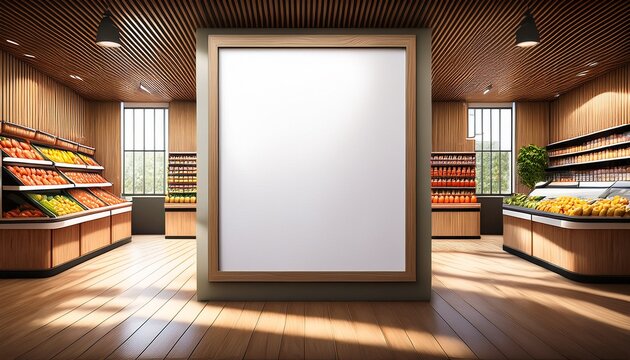 blank framed poster on a wooden wall inside a modern well lit grocery store or cafe with shelves of products and large windows