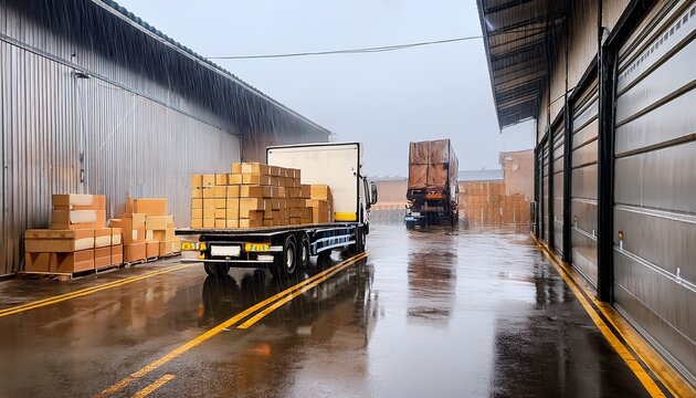 a truck is being loaded with boxes in a warehouse during rainy weather