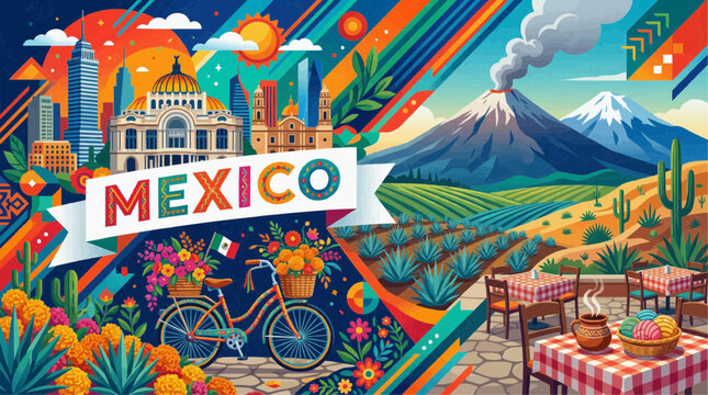 Mexico travel illustration featuring urban landmarks agave plantations and traditional gastronomy in flat vector style