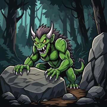 A cartoon-style green creature with sharp claws and horns hides behind a rock. Ai