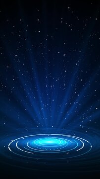 Futuristic blue portal stage visual circular platform, rising particles, and soft beam lights for tech promos, AI videos, virtual events, science demos, product launches, and digital title backgrounds