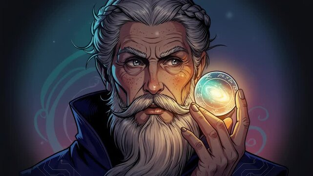 An elderly wizard with a braided silver beard holds a glowing celestial orb that captures the light of a distant galaxy in this detailed fantasy portrait of mystical arcane mastery and magic.