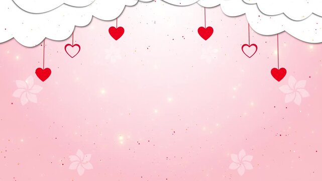 Cute pink heart paper background hanging red hearts, soft clouds, pastel texture, gentle sparkle love videos, Valentine greetings, wedding titles, baby shower visuals, romantic edits sweet celebration