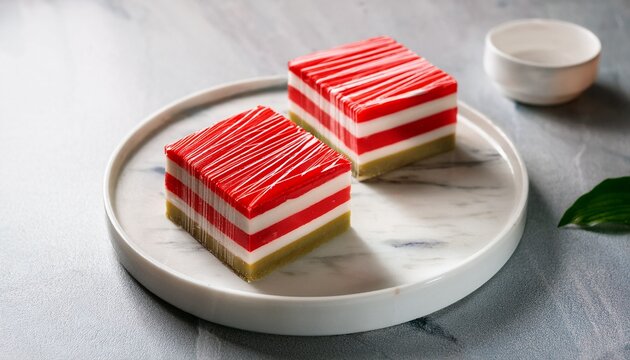 traditional kueh lapis dessert with red and white frosting patterns on marble plate