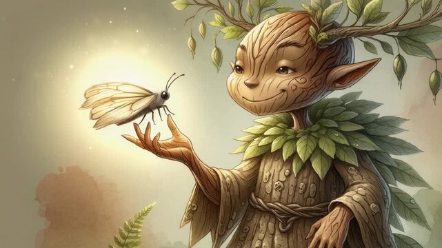A whimsical wooden forest sprite stands in a sun drenched glade gently cradling a butterfly, capturing the magical essence of nature in a serene and enchanted woodland fairytale illustration.