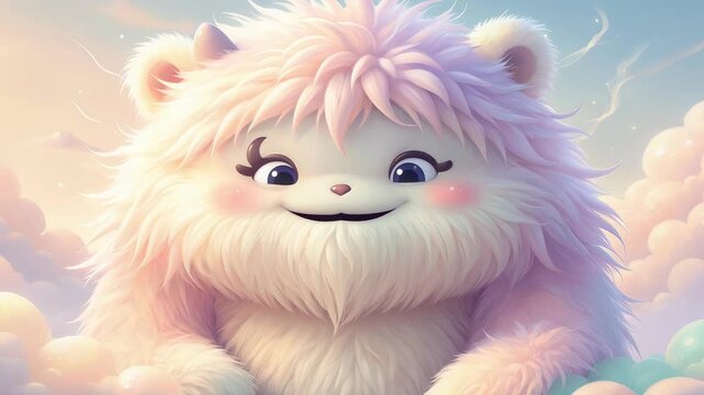 A fluffy joyful white creature with pink tinted fur sits amidst soft swirling pastel clouds, capturing a whimsical moment of pure magical bliss in this beautifully detailed fantasy artwork.