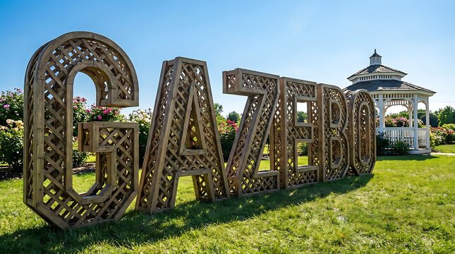 Large ornate gazebo letters and white pavilion in sunny garden.