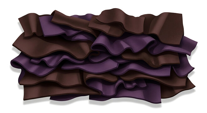 Layered ruffles made of purple and brown fabric creating a textured textile pattern, decorative wavy trim element