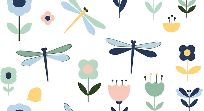 Seamless pattern with cute stylized dragonflies and simple flowers in pastel colors, perfect for kids' decor and fabric.
