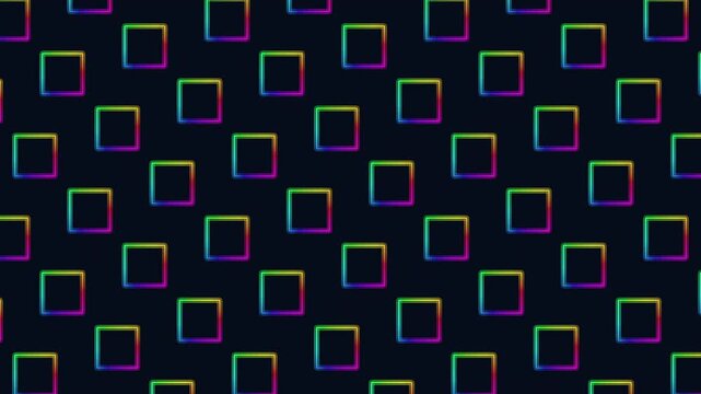 Abstract neon rhombus outlines in rainbow gradient animate in a repeating grid on a dark background, ideal for party visuals, tech promos, and modern motion design