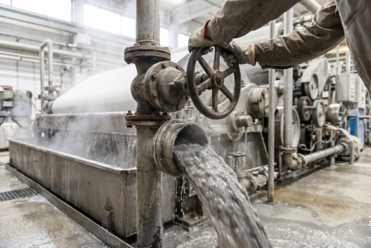 Worker hands turning a rusty metal valve on a pipe discharging wastewater in an industrial plant
