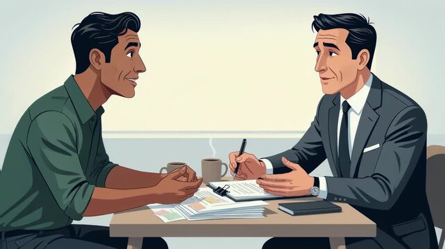 Two men sit across from each other at a desk with the man in the green shirt, capturing a professional meeting between an advisor and a client during a collaborative business consultation session.