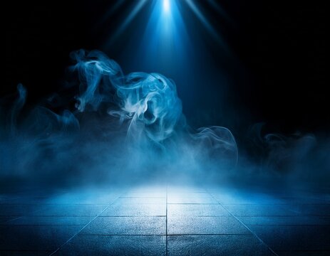 white smoke on dark black background ark blue room background with smoke and floor dark empty scene blue neon searchlight light smoke night view rays