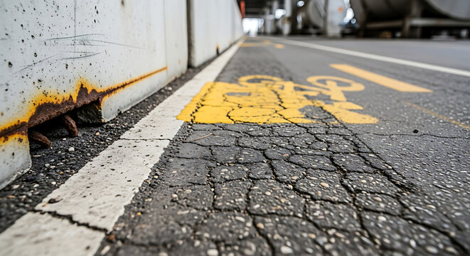 Cracked asphalt bicycle lane with yellow painted symbol showing wear and tear, rust on concrete wall