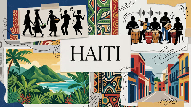 Colorful Haiti Travel Illustration Collage Featuring Tropical Landscapes Traditional Musicians and Local Island Life Silhouettes