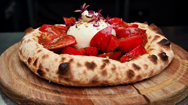 Cheese burrata focaccia topped with fresh tomatoes on wooden serving board