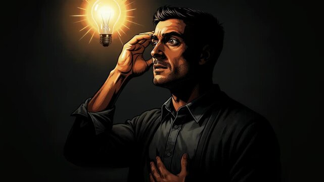 A man gazes upward in wonder at a glowing lightbulb floating above his head, capturing a moment of brilliant creative inspiration and profound discovery in a dark and moody artistic atmosphere.