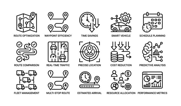 Route optimization and fleet management icons for logistics
