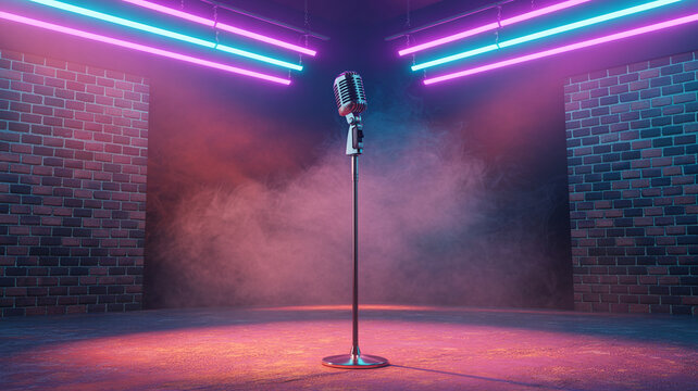 Vintage Microphone Stand on Empty Intimate Music Club Stage with Neon Lighting for Podcast Covers Comedy Shows Open Mic Events and Music Promotions