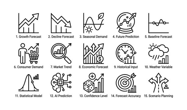 Forecasting and demand icons illustrating prediction methods