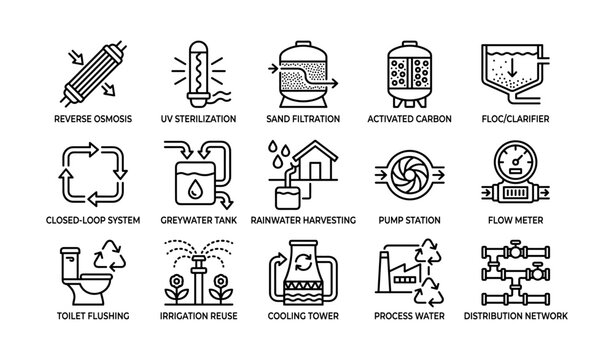 Water treatment icons depicting filtration and reuse on white
