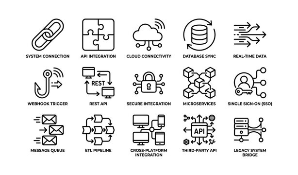 System integration and api icons showing connectivity and services