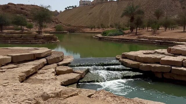 Crystal Clear Water Flowing Over Stone Steps in Wadi Hanifa