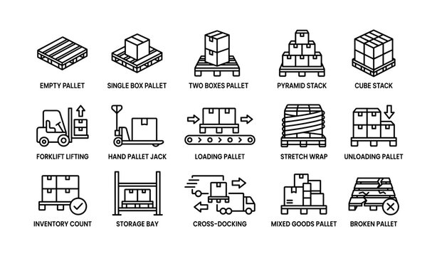 Pallet types and handling icons showing warehouse stacking layout