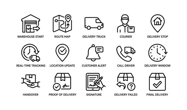 Delivery process icons showing tracking and courier steps on white