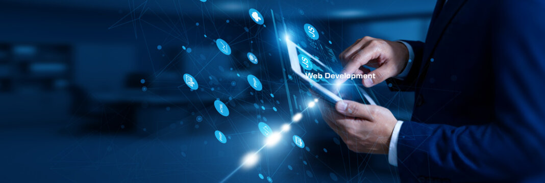 Web Developer touching web development using tablet coding network, HTML, CSS, JavaScript, frameworks, website creation.