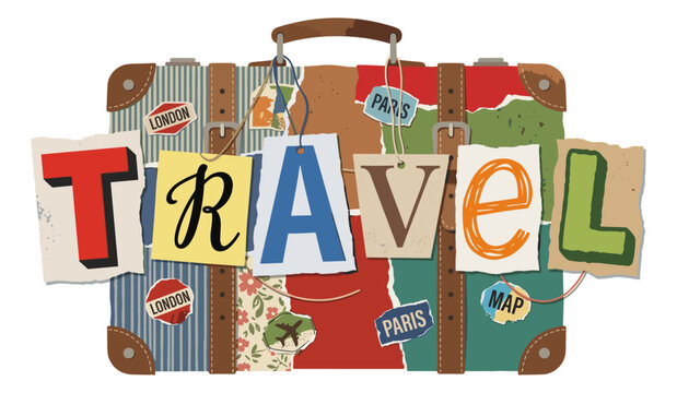 Vintage Suitcase with Colorful Collage Travel Lettering Ransom Note Style Illustration