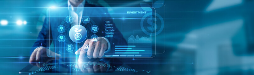 Financial Advisor touching the tablet using Investment, displayed diagrams and graphs with icons of portfolio growth, assets, market trends across the world map.