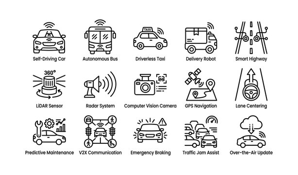 Autonomous vehicle and sensor icons displayed on white background