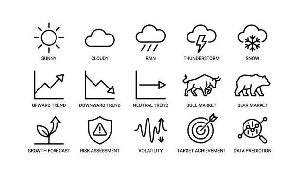 Weather and market trend icons showing conditions and charts