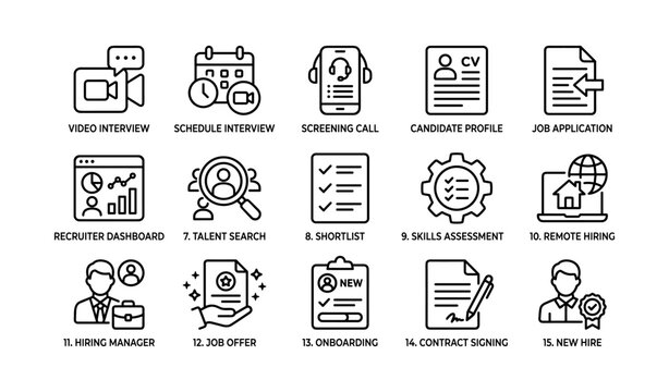 Recruitment and hiring icons arranged in grid layout