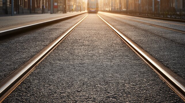 Tram approaching on urban tracks during sunset