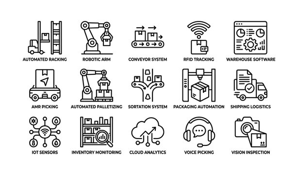 Warehouse automation and robotics icons arranged on white panel
