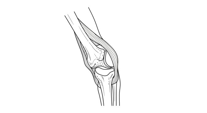 Anatomical illustration of a human knee joint with ligaments and tendons