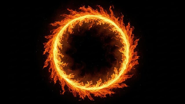 Fiery halo encircling darkness, a vibrant ring of flames on a stark black backdrop