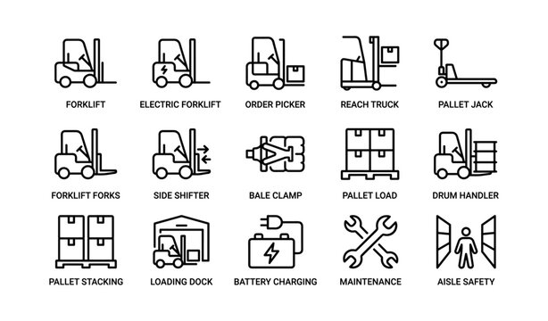 Warehouse material handling icons showing forklifts and equipment