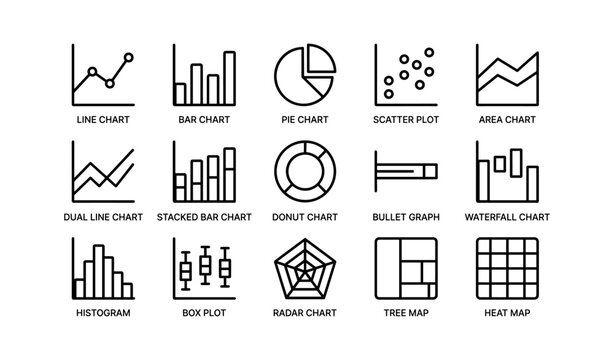 Chart icons showing data visualization types on white