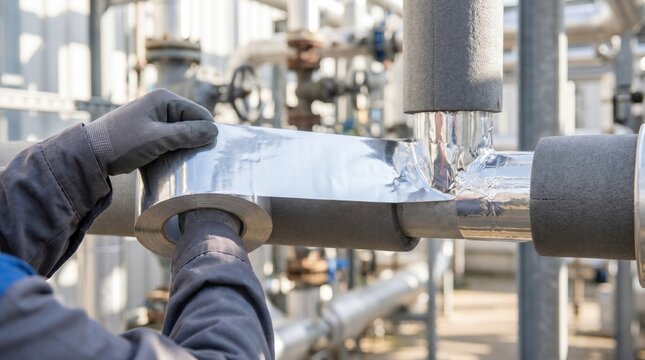 Industrial worker hands applying silver aluminum foil tape to insulate pipes in a factory facility